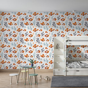 Vibrant coral reef mural wallpaper with dancing clownfish for kids room decor