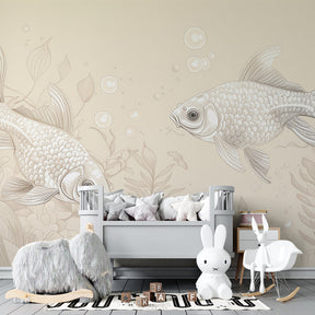 Golden fish mural wallpaper transforming children's bedroom with underwater theme by Kids-Mundo