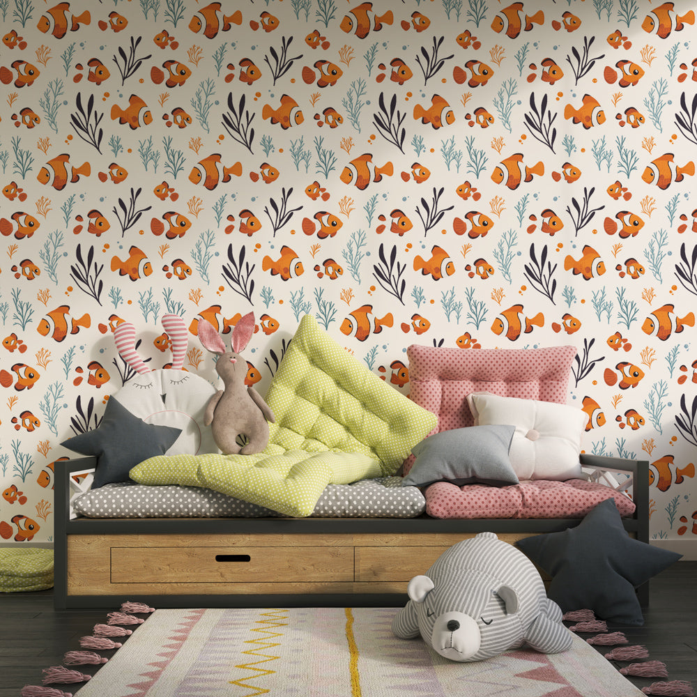 Underwater clownfish wallpaper creating magical ocean atmosphere in children's bedroom