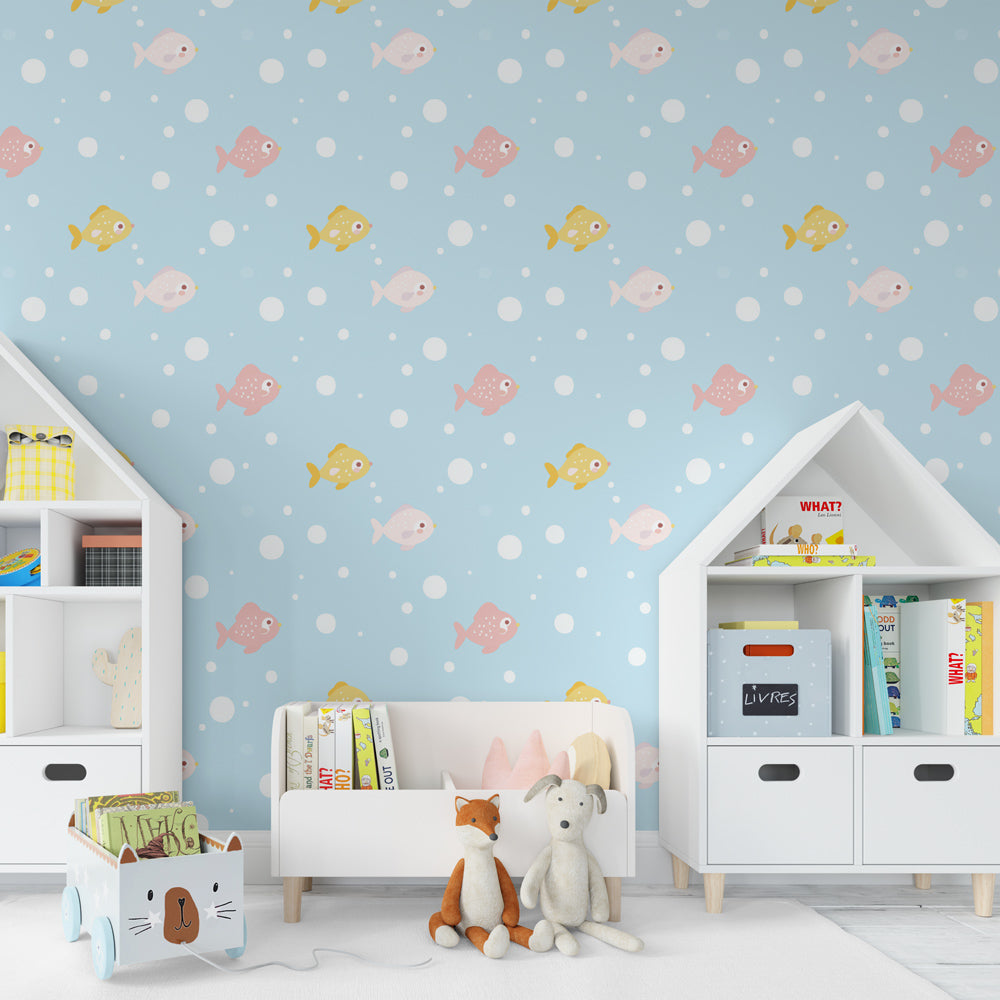 Underwater fish wallpaper creating magical sea theme in children's bedroom decor
