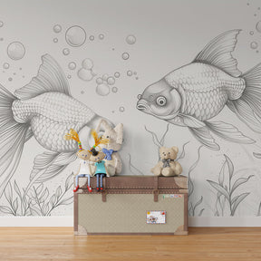 Golden fish mural wallpaper with aquatic plants and bubbles in kids room interior design