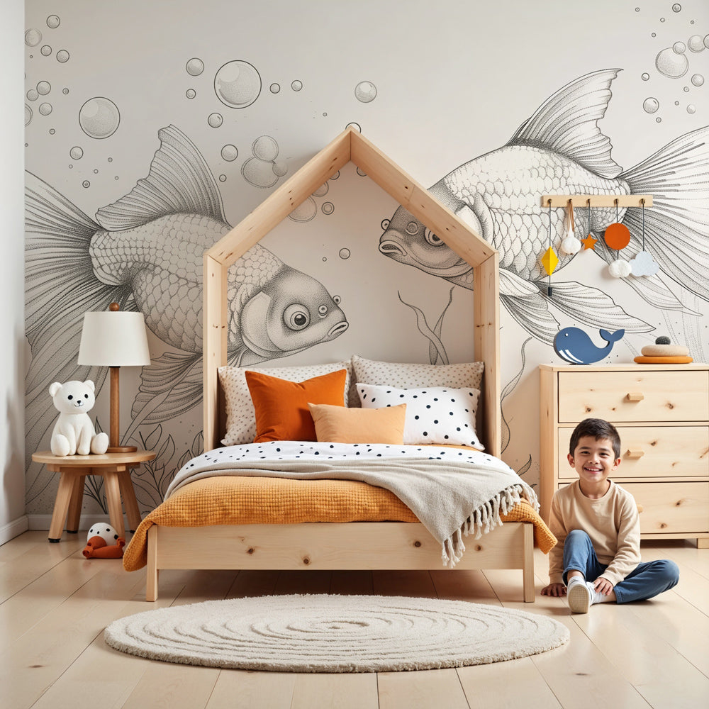 Ocean fish mural wallpaper with golden underwater ballet design in modern nursery by Kids-Mundo