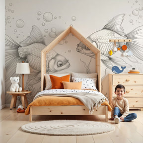 Ocean fish mural wallpaper with golden underwater ballet design in modern nursery by Kids-Mundo