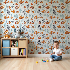 Ocean fish mural wallpaper with colorful clownfish in modern nursery by Kids-Mundo