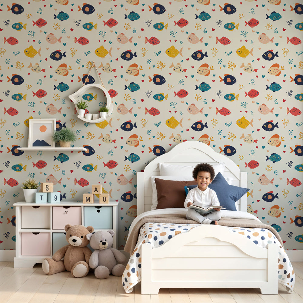 Ocean fish mural wallpaper creating underwater themed nursery with colorful coral design by Kids-Mundo