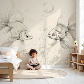 Ocean fish mural wallpaper with golden fish and bubbles in modern kids nursery by Kids-Mundo