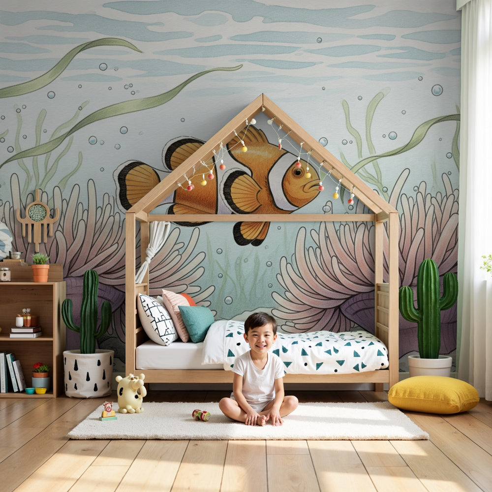 Ocean fish mural wallpaper with clownfish and anemones decorating modern nursery by Kids-Mundo
