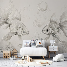 Golden fish and floating bubbles mural wallpaper transforming kids playroom into ocean sanctuary