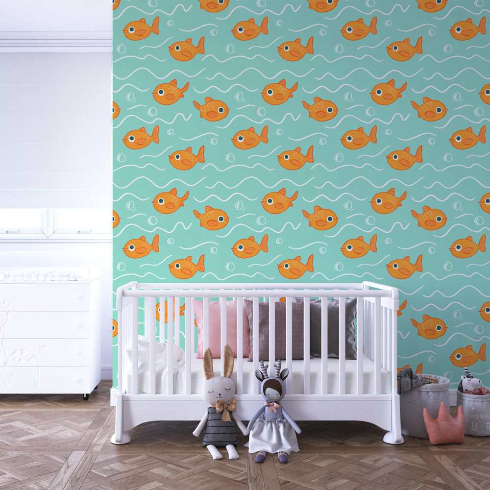 Marine themed mural wallpaper for kids playroom featuring orange fish and blue waves