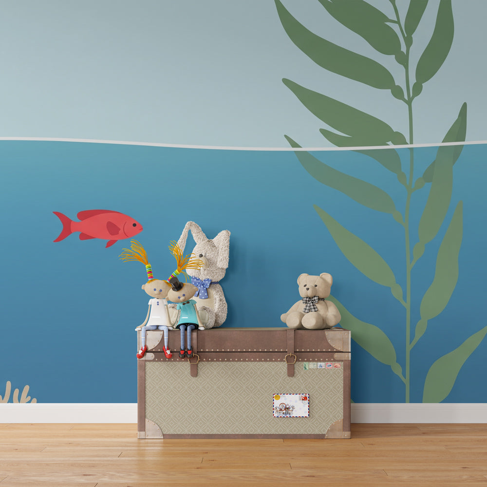 Marine life mural wallpaper transforming kids playroom into calming aquatic sanctuary