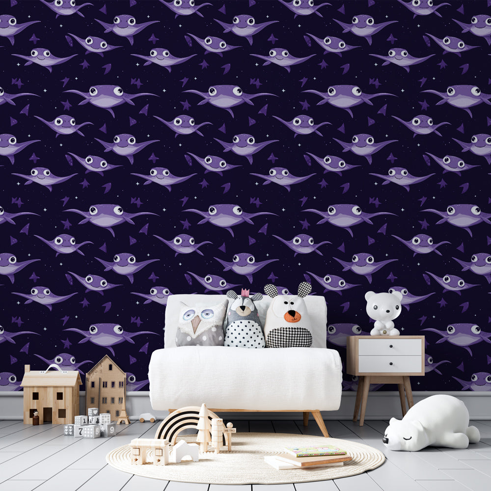 Cute fish mural wallpaper with stars creating joyful marine theme in kids playroom