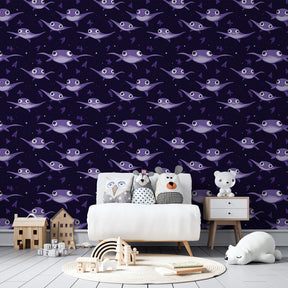 Cute fish mural wallpaper with stars creating joyful marine theme in kids playroom
