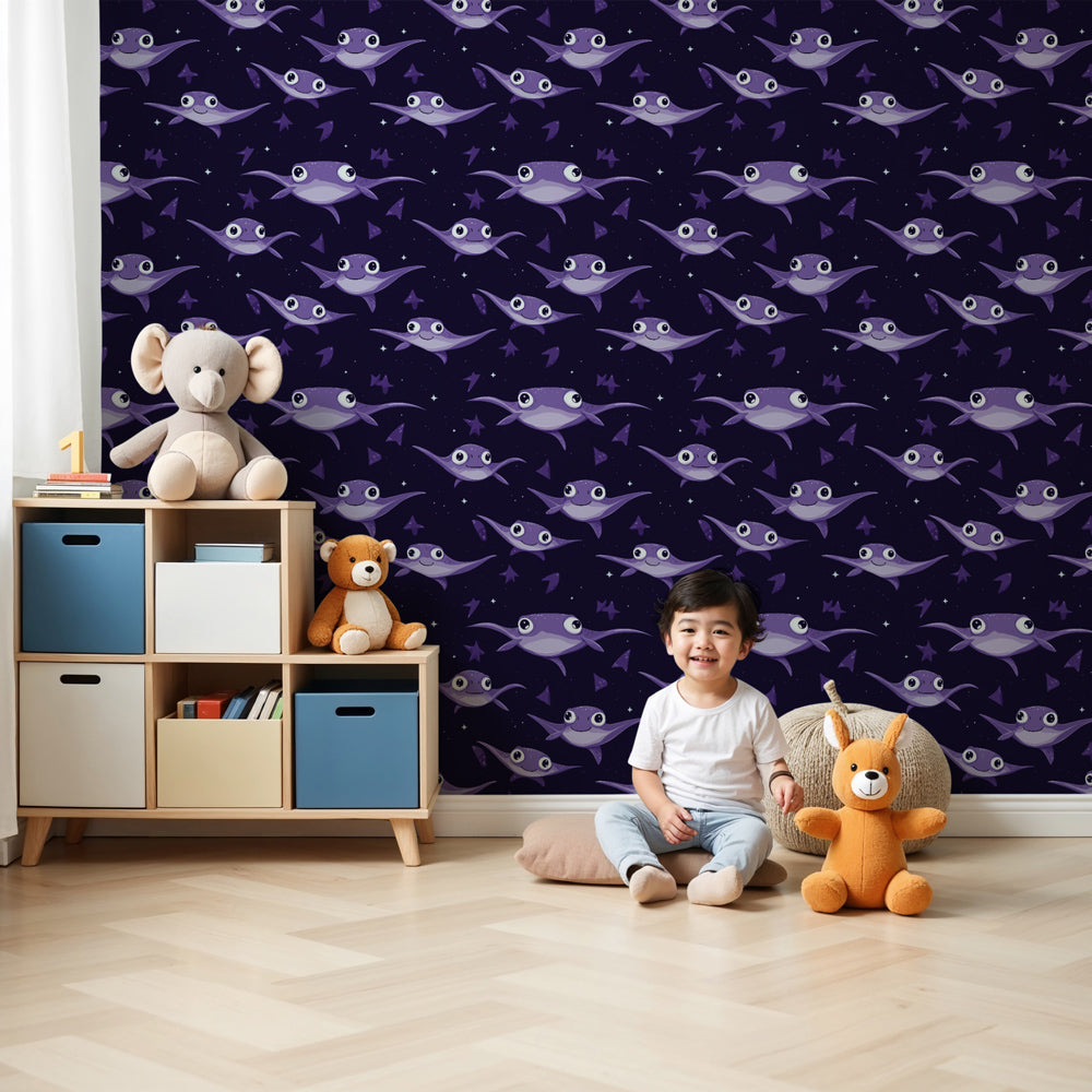 Ocean fish mural wallpaper in purple nursery creating magical underwater atmosphere by Kids-Mundo