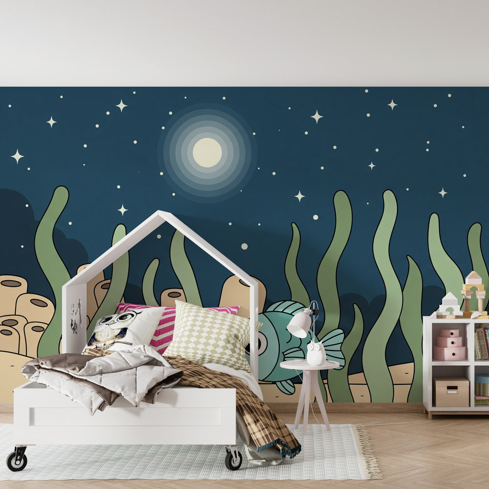 Marine life mural wallpaper transforming toddler room into magical ocean paradise