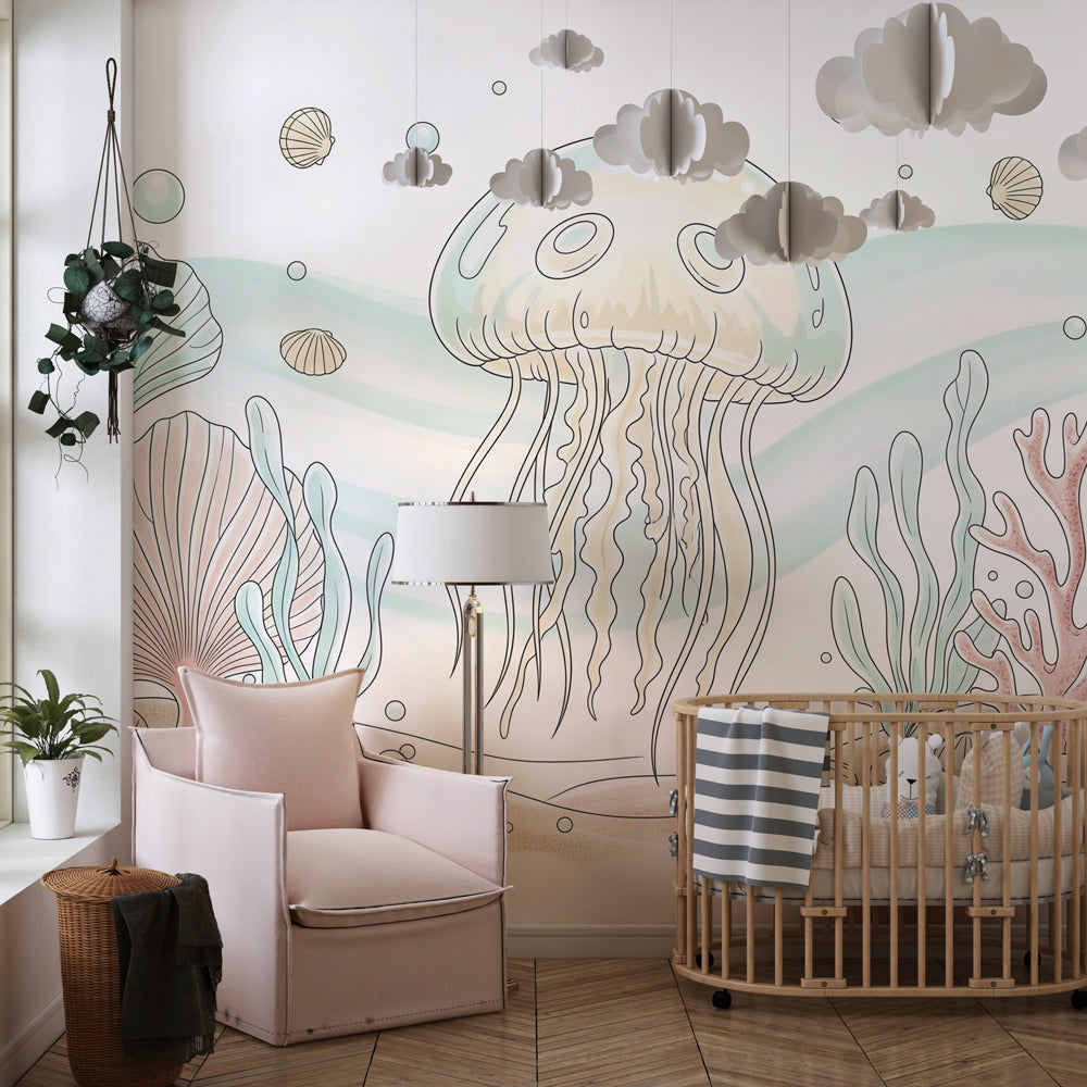 Underwater sea life mural wallpaper with jellyfish and coral for kids bedroom by Kids-Mundo