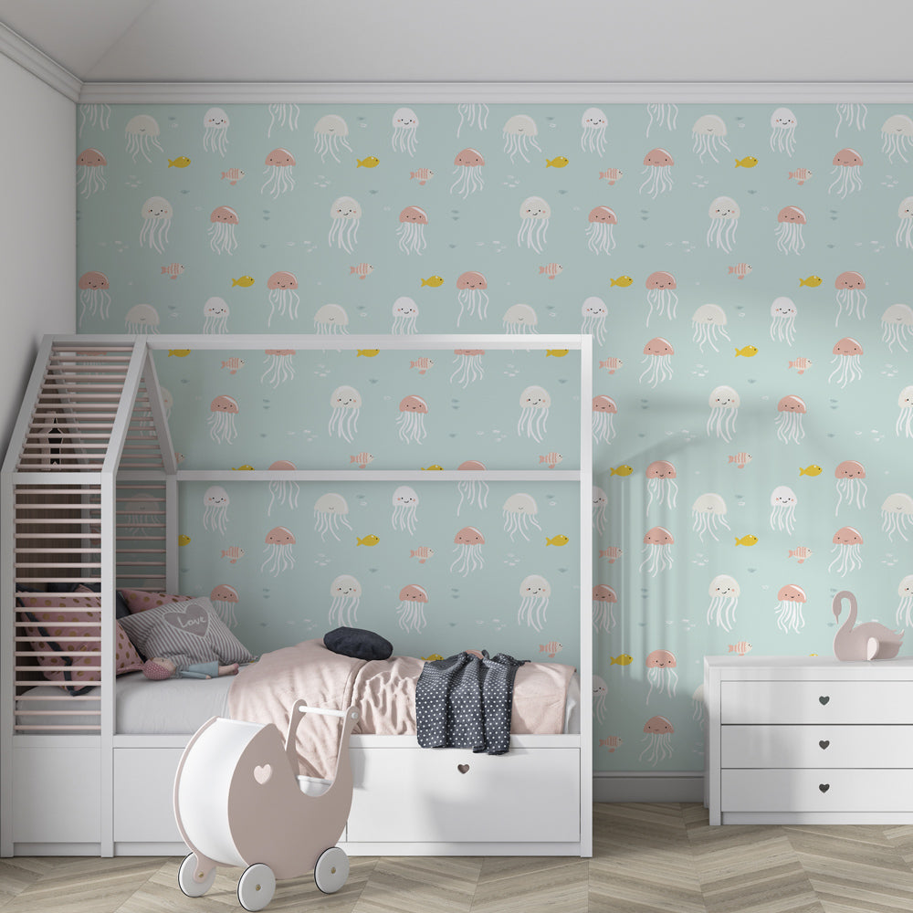 Colorful sea life mural wallpaper creating underwater theme in modern kids bedroom
