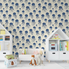 Blue marine jellyfish wallpaper in modern kids bedroom setting by Kids-Mundo
