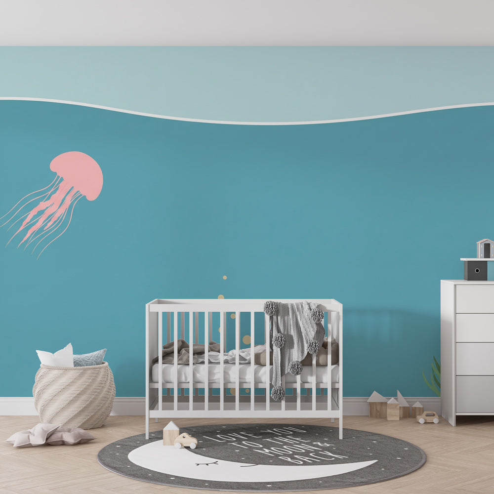 Marine life wallpaper with graceful jellyfish decorating children's bedroom wall