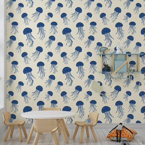 Blue jellyfish wallpaper creating peaceful ocean atmosphere in kids bedroom