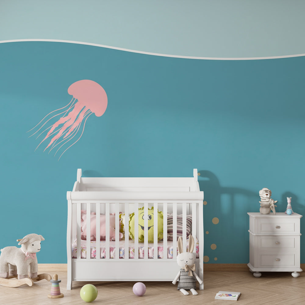 Turquoise jellyfish wallpaper complementing coastal themed kids room decor