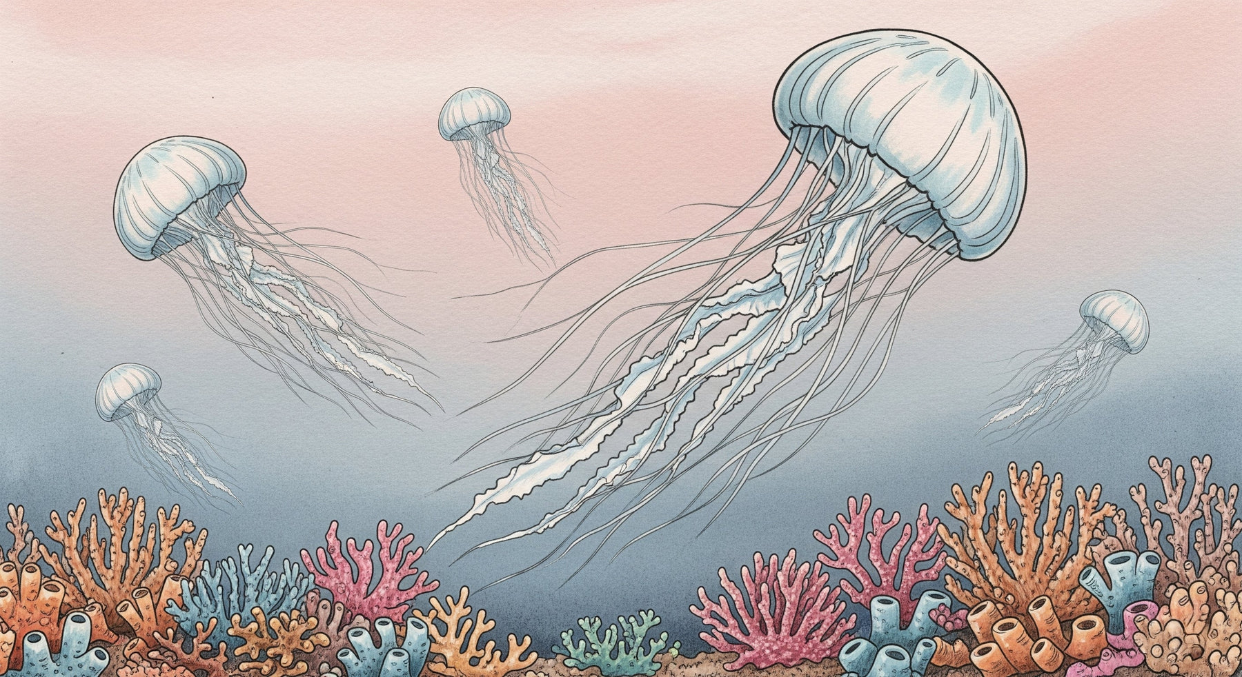 Detailed ocean jellyfish and coral reef mural wallpaper design pattern by Kids-Mundo