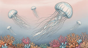 Detailed ocean jellyfish and coral reef mural wallpaper design pattern by Kids-Mundo