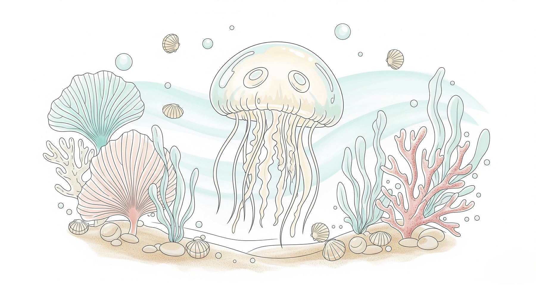 Detailed ocean jellyfish mural wallpaper design pattern with coral and sea life by Kids-Mundo