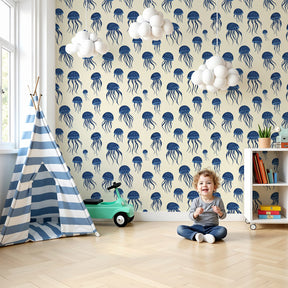 Ocean jellyfish mural wallpaper creating serene blue nursery decor by Kids-Mundo