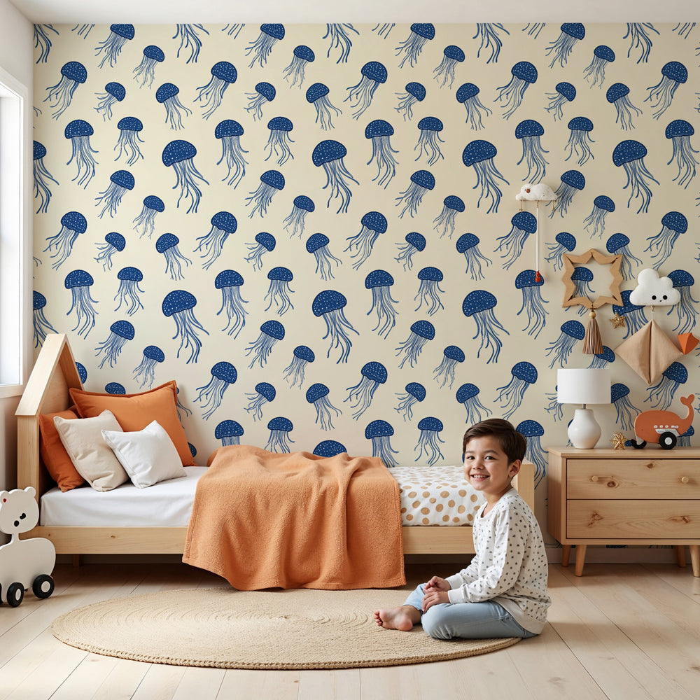Ocean jellyfish mural wallpaper in modern nursery with blue marine pattern by Kids-Mundo