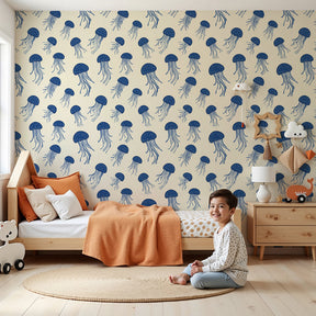 Ocean jellyfish mural wallpaper in modern nursery with blue marine pattern by Kids-Mundo