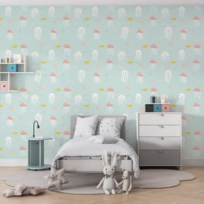 Marine themed jellyfish wallpaper transforming children's playroom into underwater paradise