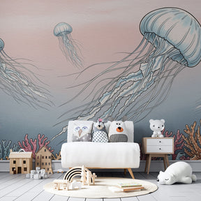 Marine life mural wallpaper featuring jellyfish and corals in children's playroom setting