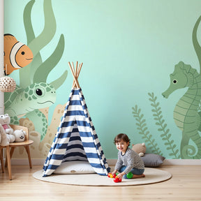 Ocean life mural wallpaper with turtle and seahorse in bright nursery by Kids-Mundo