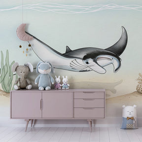 Marine life mural wallpaper creating underwater themed kids bedroom with coastal decor
