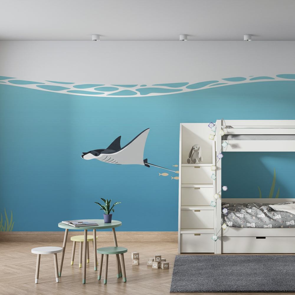 Underwater adventure mural wallpaper with manta ray in modern children's bedroom setting