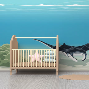 Underwater themed mural wallpaper with manta ray for kids playroom by Kids-Mundo