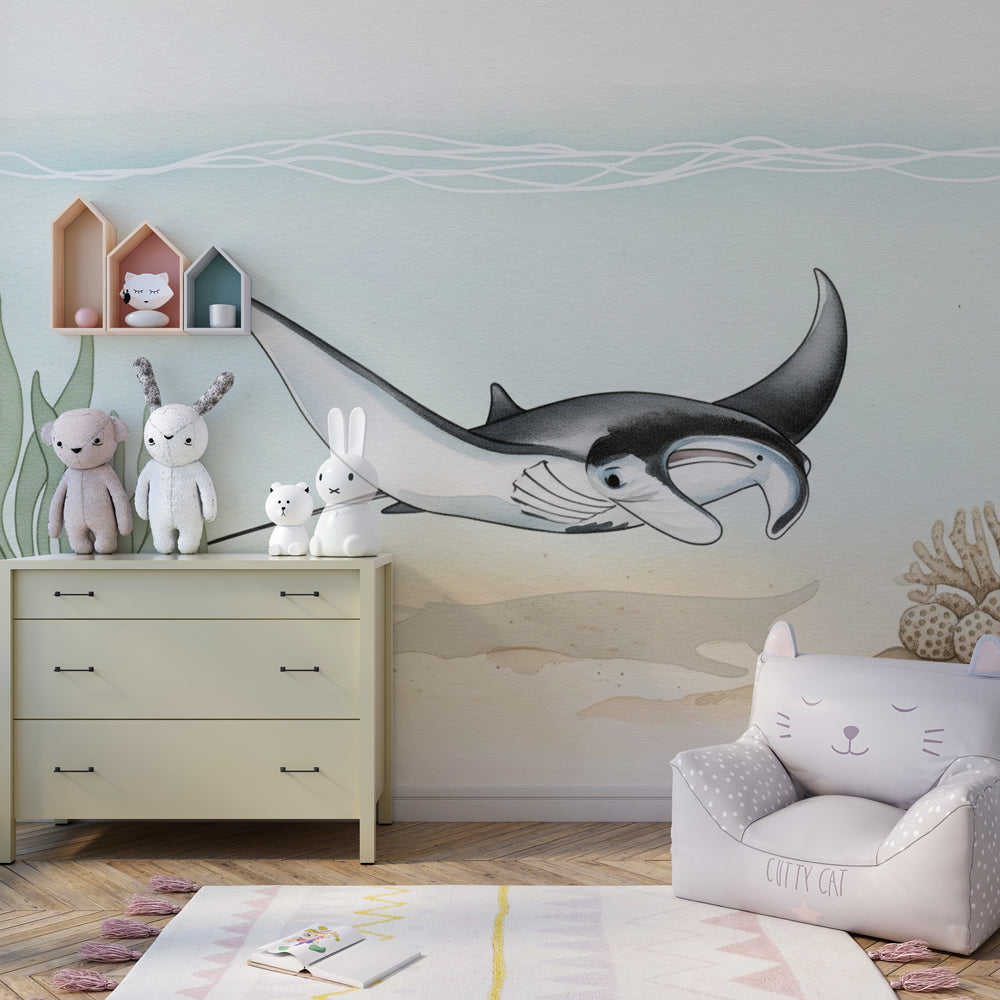 Manta ray wallpaper transforming children's playroom into serene ocean sanctuary