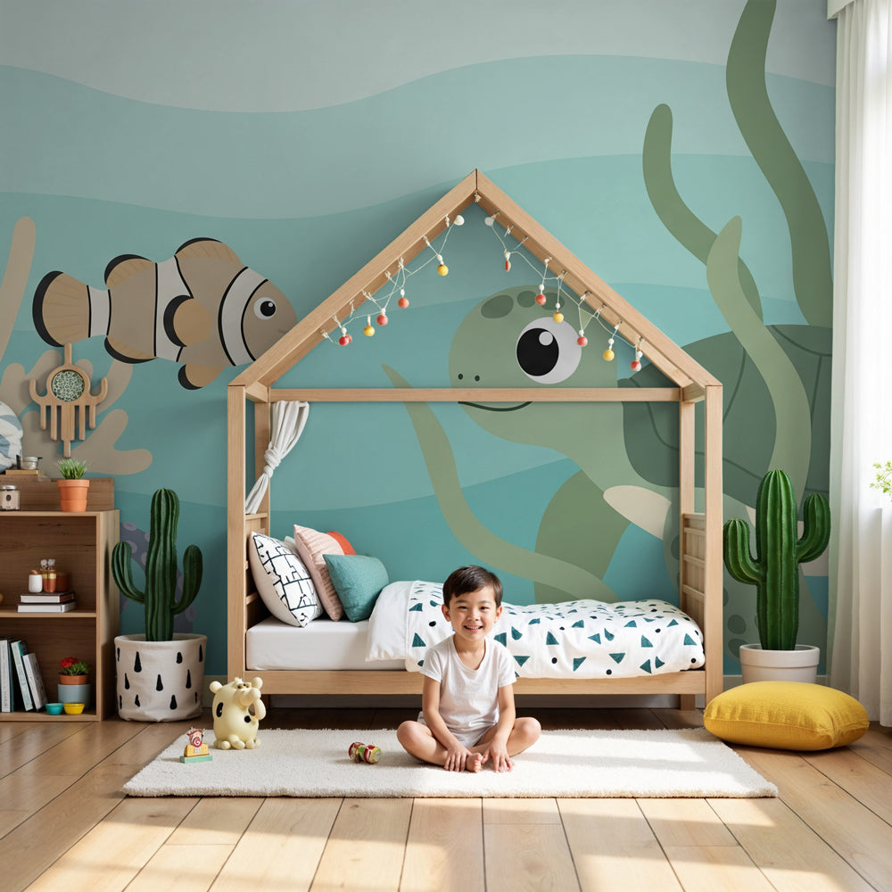 Ocean marine mural wallpaper with sea turtle and clownfish in modern nursery by Kids-Mundo