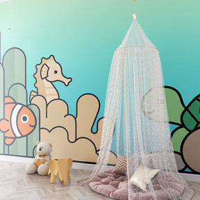 Marine adventure wallpaper creating calming underwater theme in baby's room