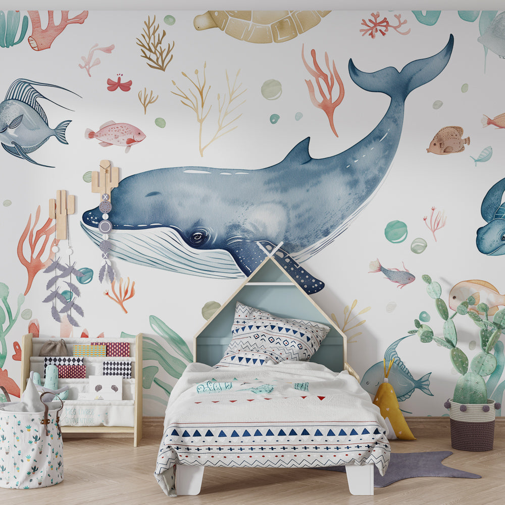 Enchanted ocean mural wallpaper with whale and corals in modern kids bedroom setting