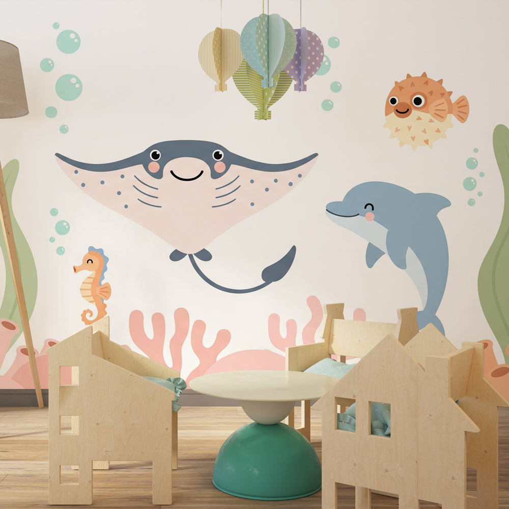 Underwater adventure mural wallpaper featuring dolphins and seahorses in modern kids bedroom