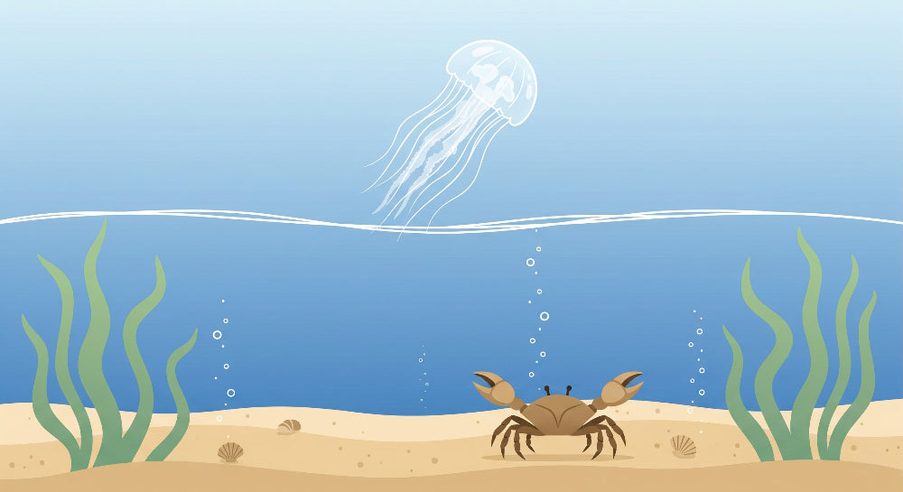 Detailed ocean adventure mural wallpaper design pattern with crabs and jellyfish by Kids-Mundo