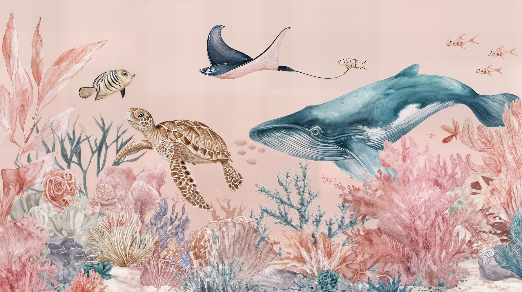 Detailed ocean mural wallpaper design pattern with turtle, whale and coral by Kids-Mundo