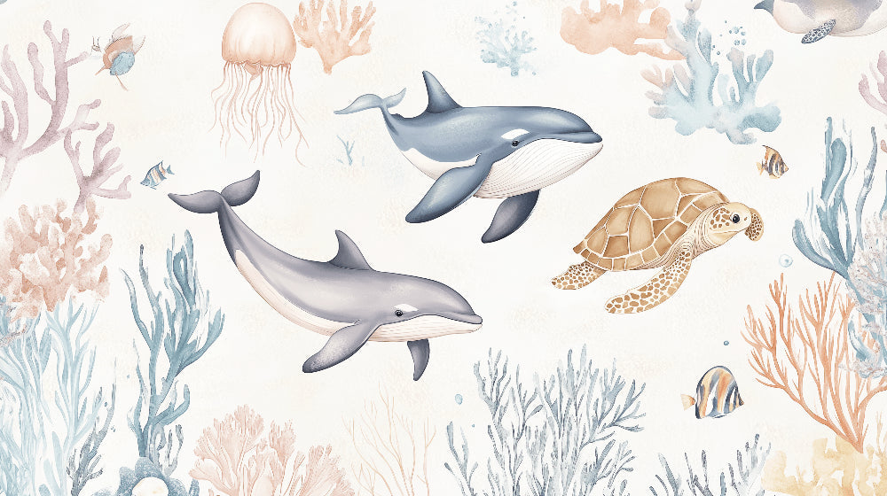 Detailed ocean mural wallpaper design pattern with whales and sea turtle by Kids-Mundo