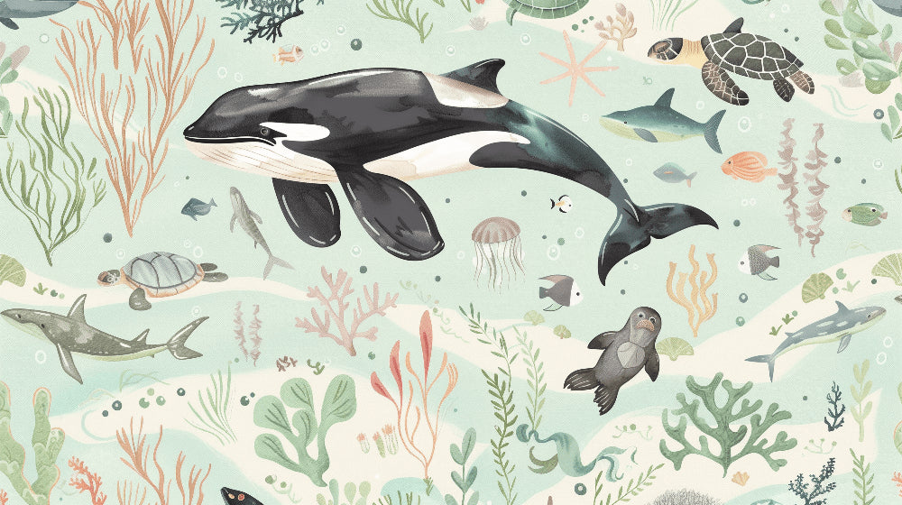 Detailed ocean mural wallpaper design pattern showing whales and sea turtles by Kids-Mundo