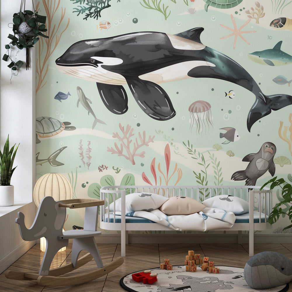 Marine themed mural wallpaper featuring sea creatures in calming kids bedroom setting