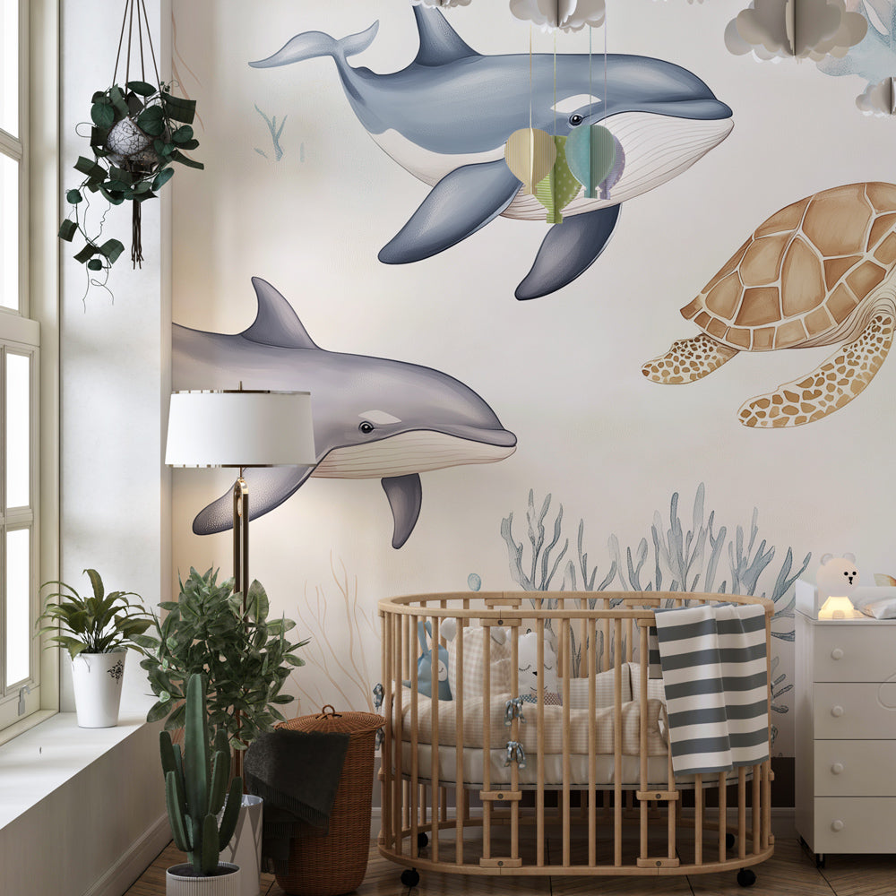 Sea life mural wallpaper transforming nursery into peaceful marine sanctuary environment