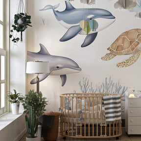 Sea life mural wallpaper transforming nursery into peaceful marine sanctuary environment