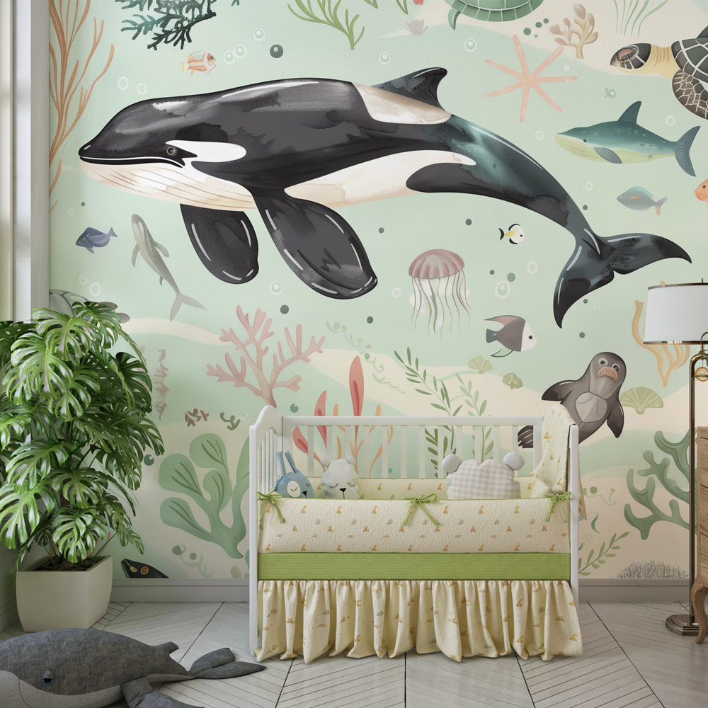 Enchanted ocean wallpaper creating serene underwater themed nursery with green tones