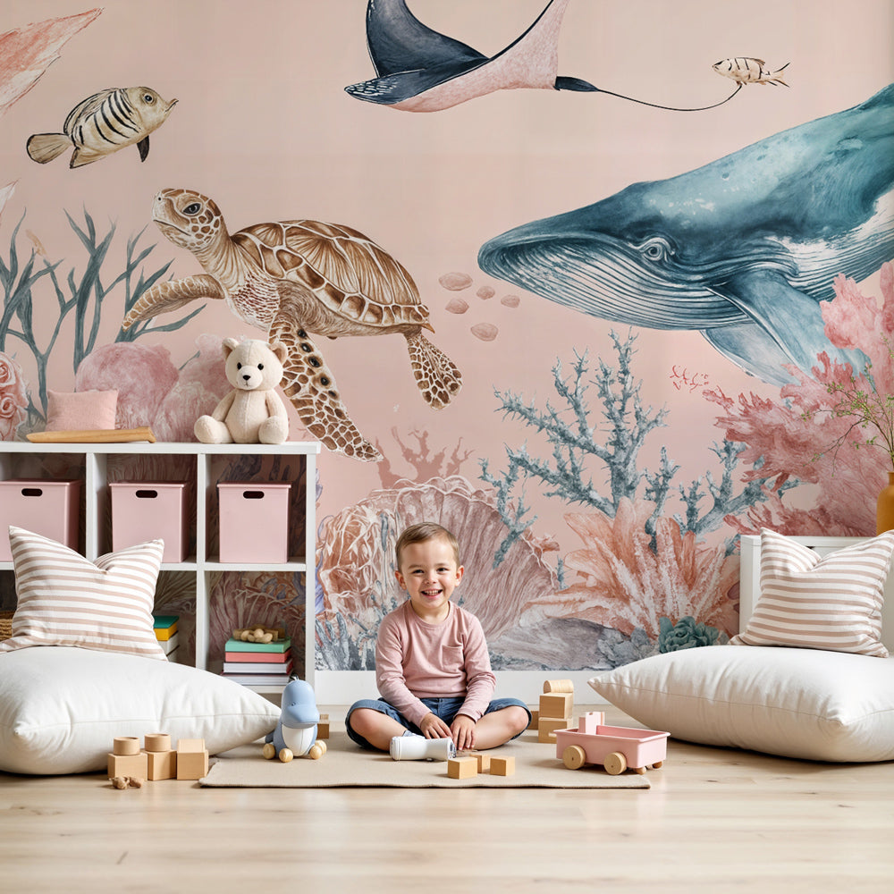 Ocean mural wallpaper with pastel underwater scene in modern nursery by Kids-Mundo
